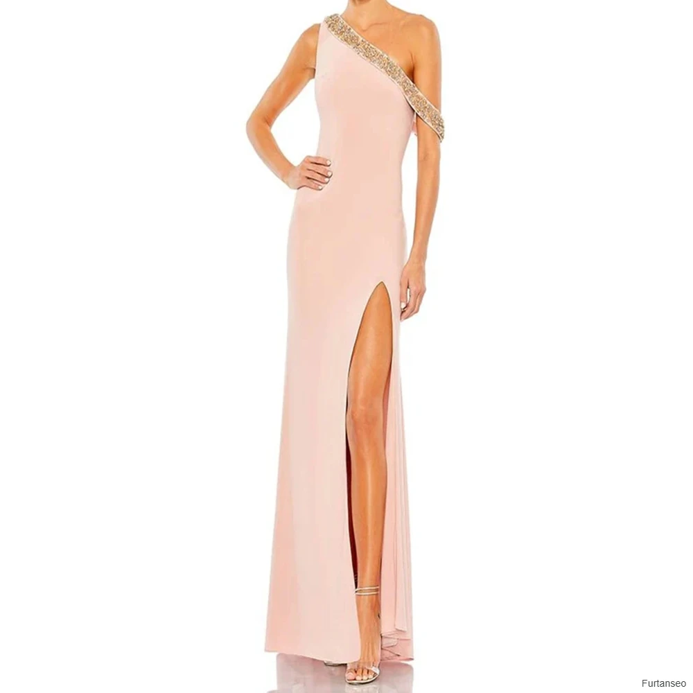 

A-line Women's Evening Dresses Floor-length One-shoulder Sleeveless Prom Gown Fashion Crystal Simple Draped Customized Gowns
