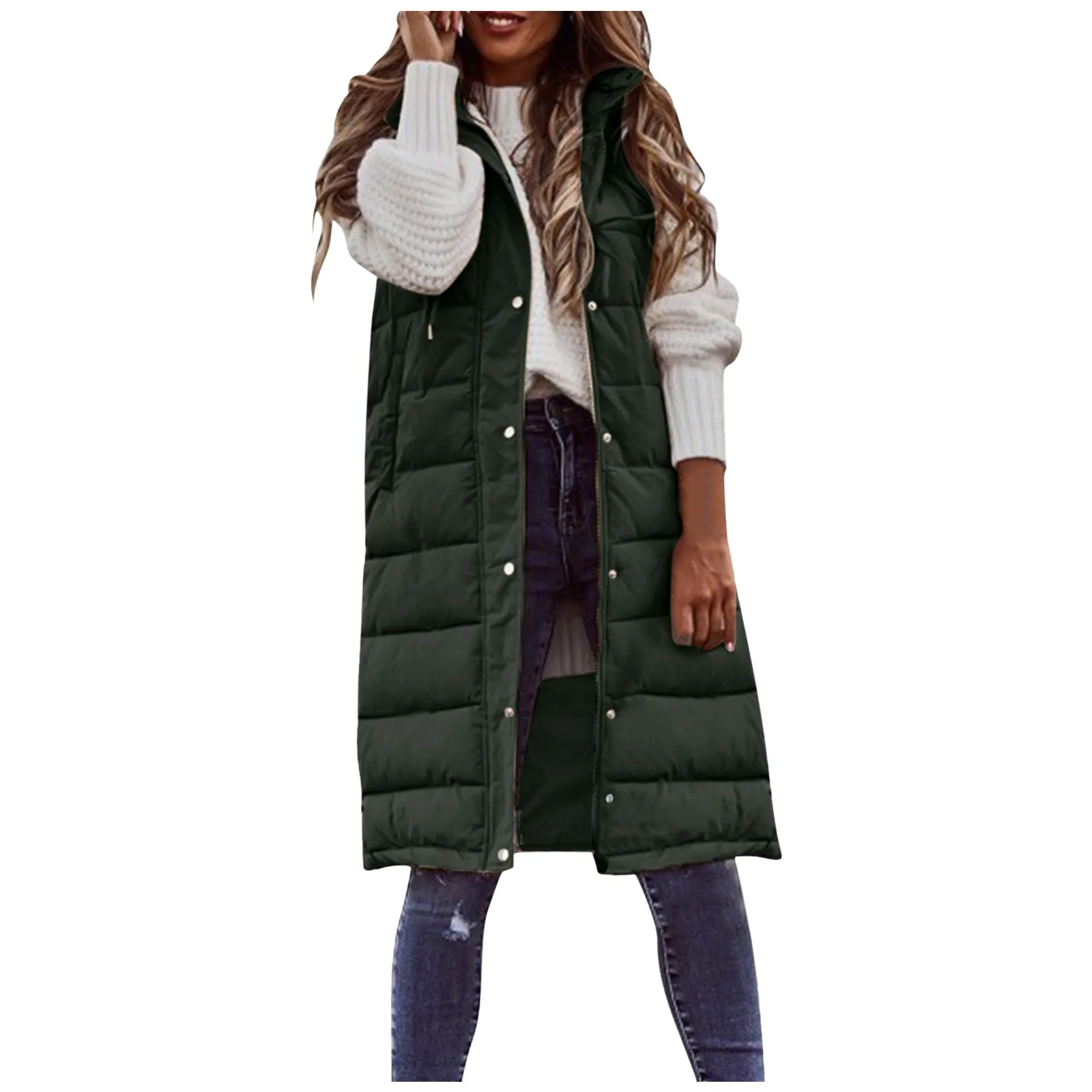 Womens Long Winter Coat Vest With Hood Sleeveless Warm Down Loose Jacket With Pockets Quilted Vest Down Jacket Outdoor Outwear