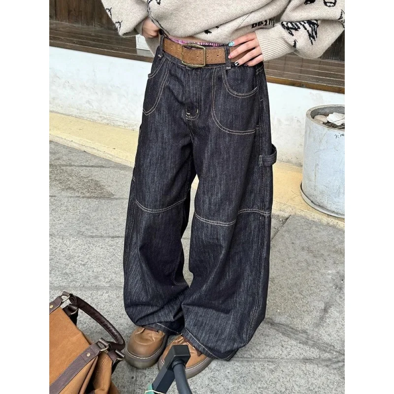 Plus size estilo americano carta impressão bolso cimitarra carga jeans feminino, solto cintura alta casual calças de perna larga com design