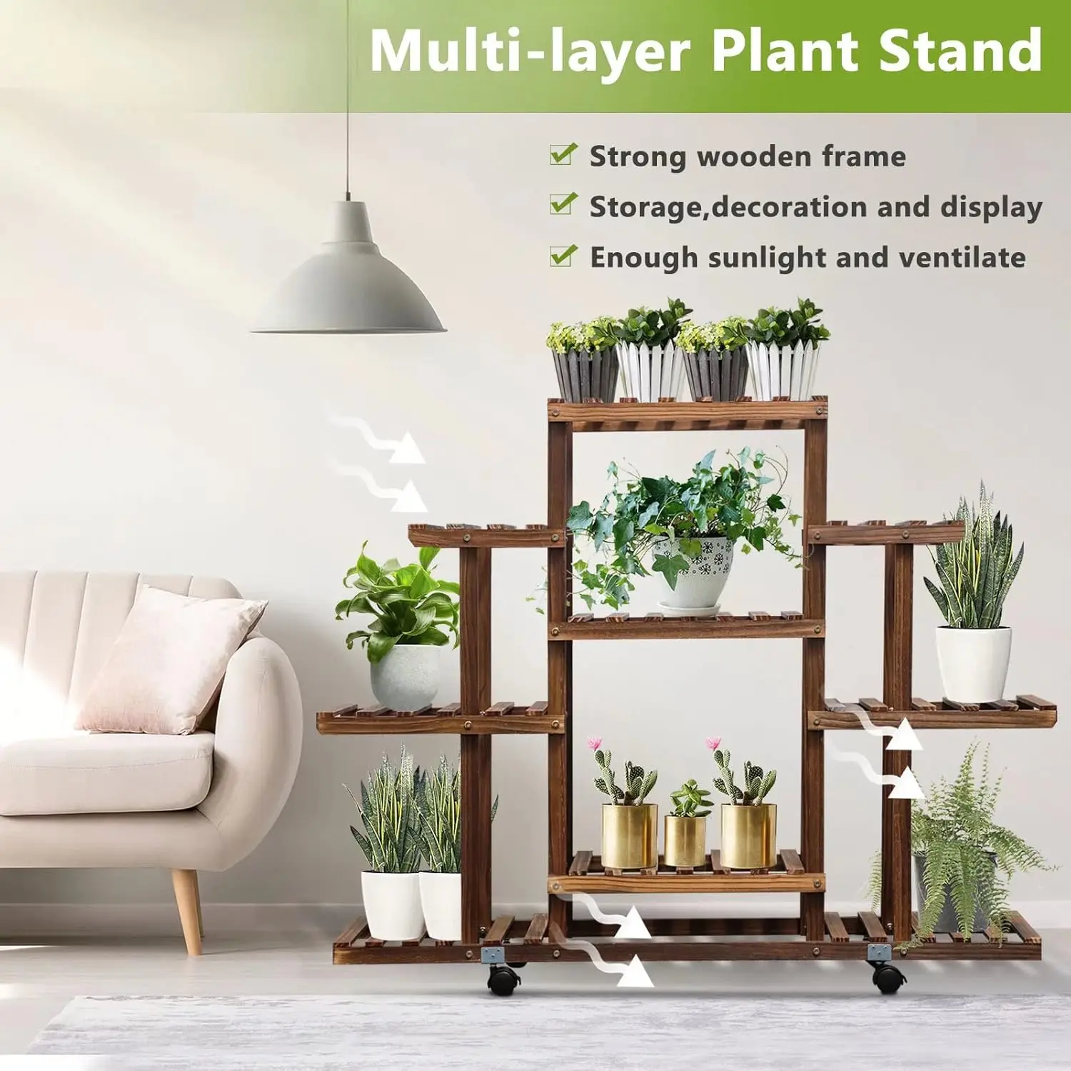 Wood Plant Stand Indoor Outdoor, 9-Tier Plant Shelf for Multiple Plants Carbonized Plant Display Holder 12 Potted Corner