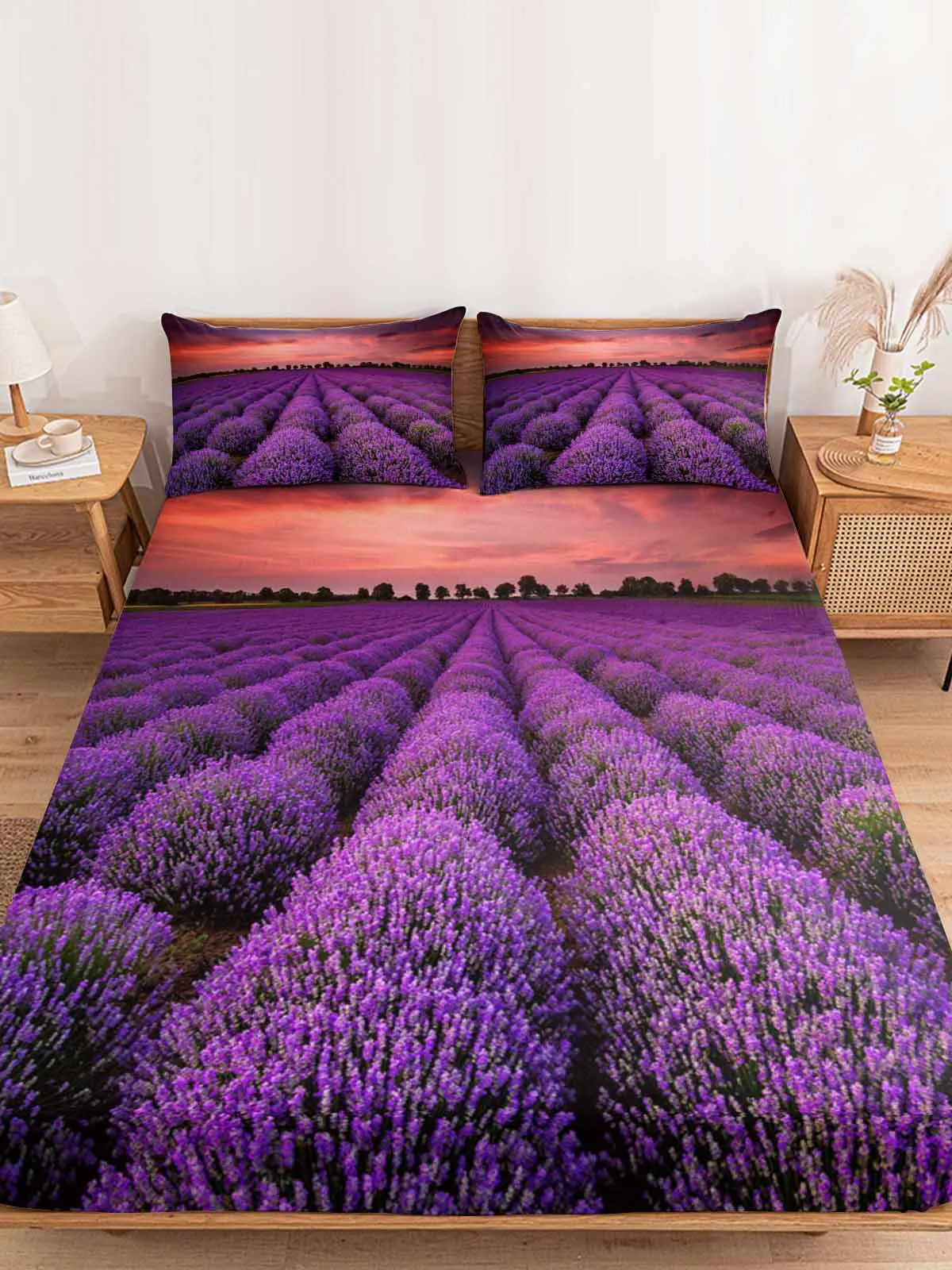 Flower Field Purple Lavender Scenery Queen Size Bed Mattress Fitted sheet Elastic Rubber Band Non-slip Bed Sheet Pillowcase Set