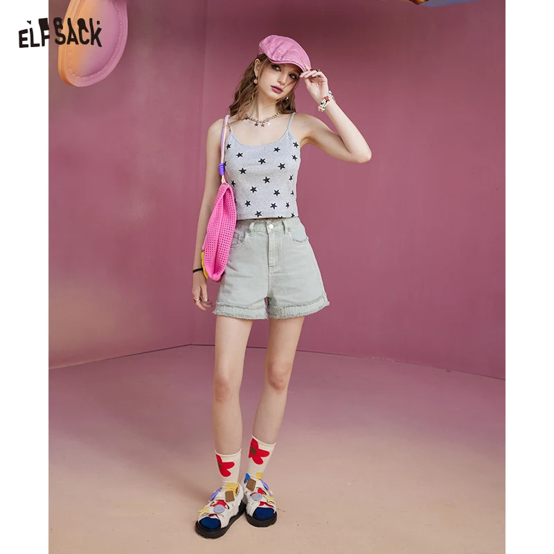 ELFSACK 2024 Summer New High Waist Ragged Edge Retro Jeans Women\'s Shorts Pink Slimming Hot Pants