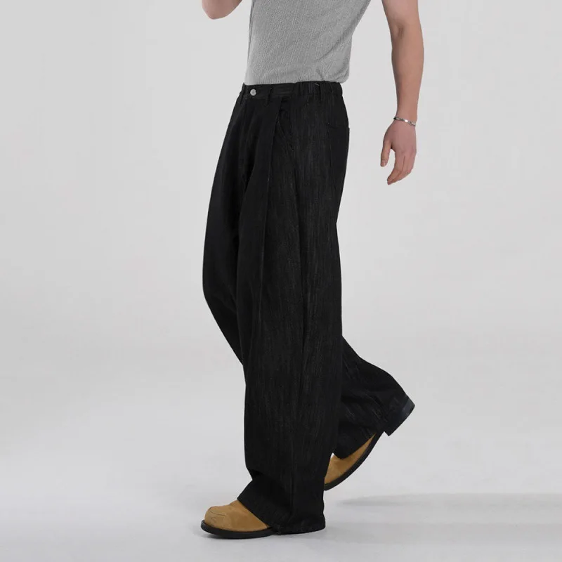 

Autumn New Fashion Men's Straight Wide Leg Casual Trendy Loose Black Solid Color Denim Trousers Male Simple Vintage Denim Pants