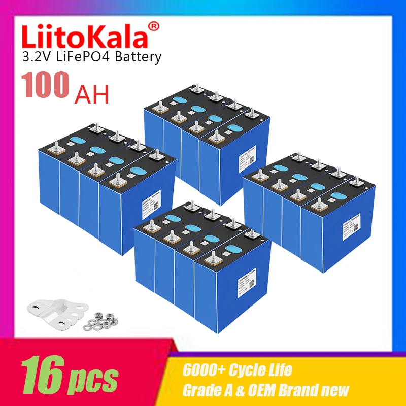 

16pcs LiitoKala 3.2V 100Ah 6000+ Cycle Life Rechargeable Cell 12V 24V 48V Yacht RV Energy Storage Power Tools EU US TAX FREE