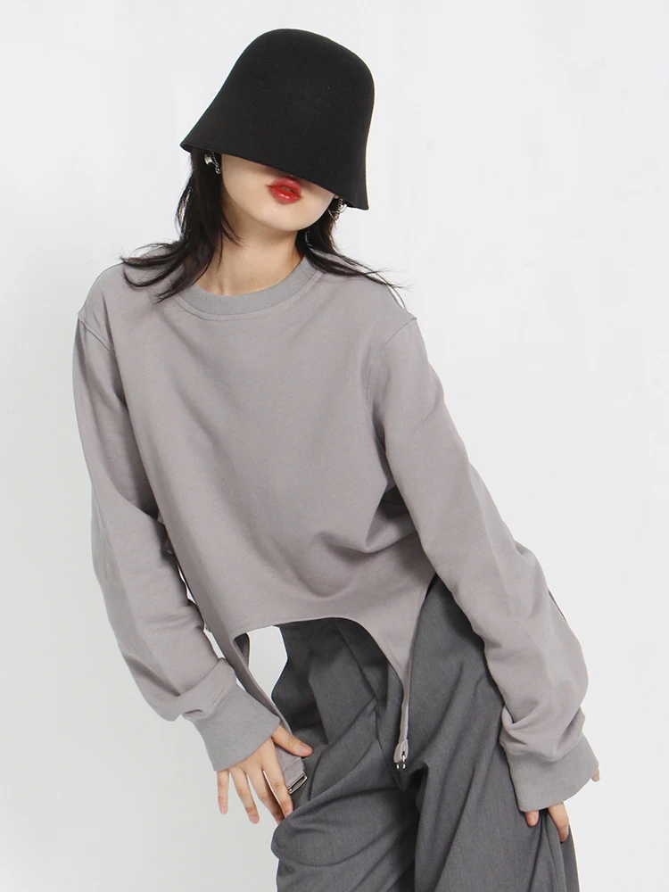 TWOTWINSTYLE Solid Minimalist Sweatshirt For Women Round Neck Long Sleeve Irregular Hem Casual Pullover Sweatshirts Female New