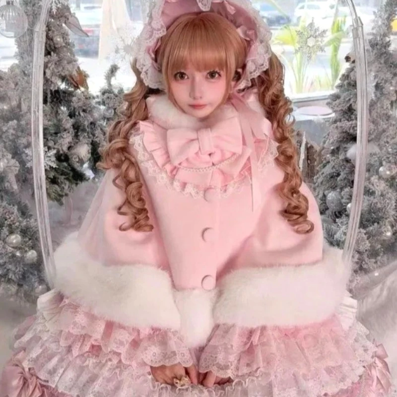 

Winter 2026 New Lolita Shawl Overcoat Women Design Bow Hooded Patchwork Kawaii Cope Coat Female Warm Chic Sweet Fur Collar Coat