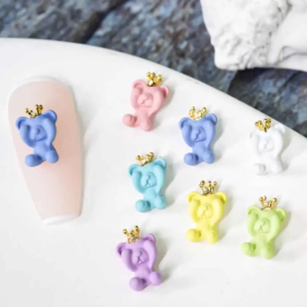 10pcs 3D Kawaii Bear Nail Art Charm 3D Resin Macaron Candy Color Crown Bear Nail Decoration DIY Cute Design Nail Accessories