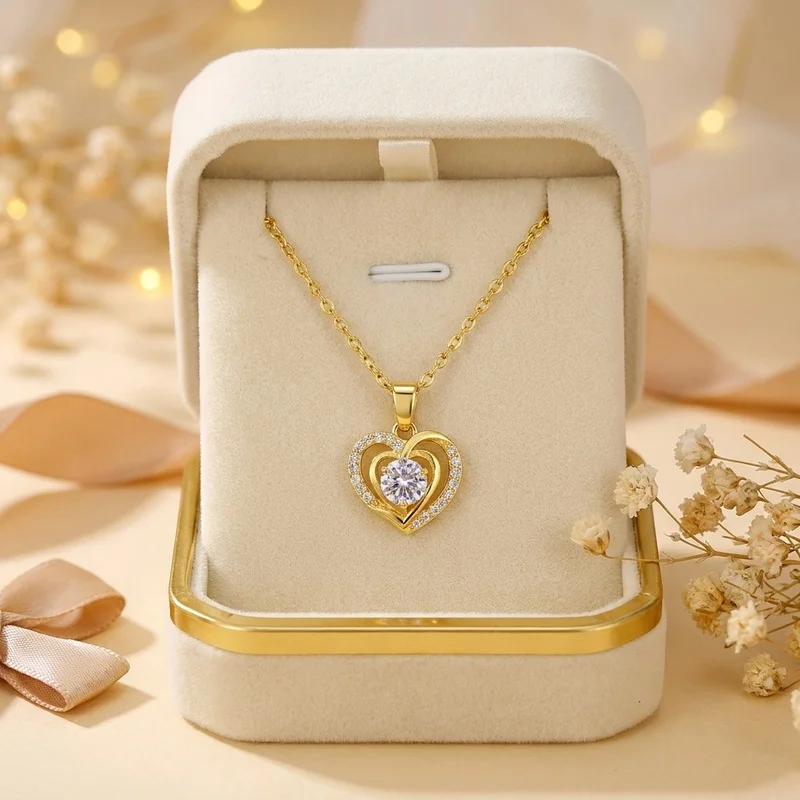 Double-Layer Openwork Heart Pendant Necklace, Elegant Luxe Style Collarbone Chain for Everyday Looks
