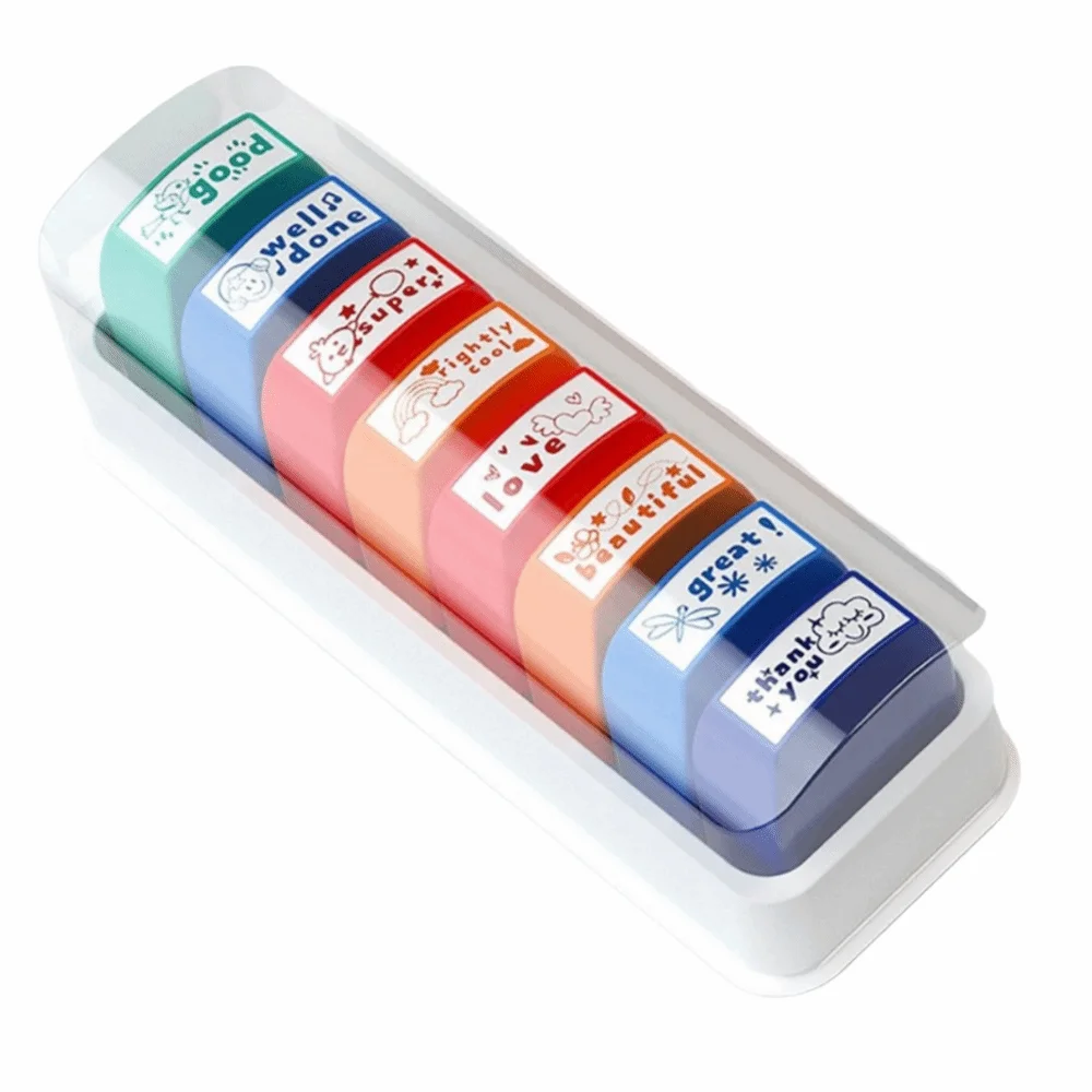 Sello de reseña creativo para profesores, sello de aliento, sello de comentario colorido para profesores, bandeja de almacenamiento, versión en inglés, 5/8 Uds.