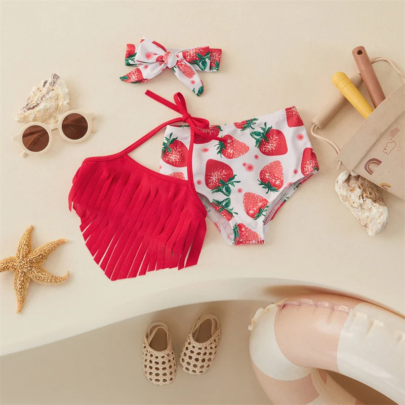 Tregren Toddler Baby Girls Swimsuit Tassel Top + Strawberry/Flower Print Shorts Headband 3pcs Bikini Split Bathing Suit Swimwear