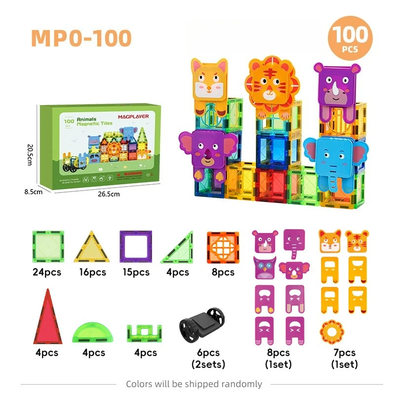 100 SZTUK Kolorowe Magnetyczne Klocki Budowlane z Motywem Zwierząt Leśnych do Okna, Zestaw DIY dla Dzieci, Gra Konstrukcyjna dla Maluchów, Prezent