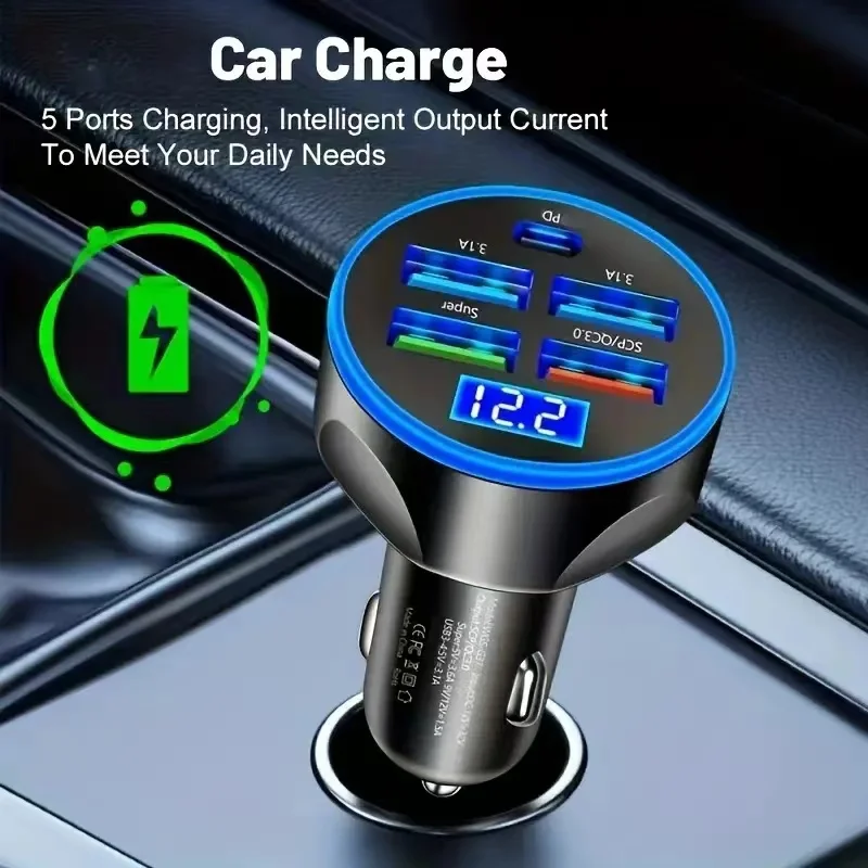 5 Port Car Phone Charger Adapter PD + QC 3.0 Fast Charging 4 Ports USB Car Charger Type C PD35W Car Charger with Digital Display