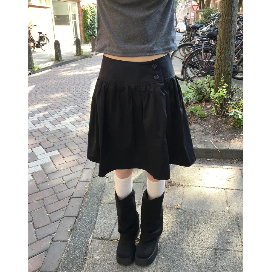 Fashionable High Waist A-Line Pleated Flower Bud Half Skirt Midi Skirt Business Casual Wear Polyester  Side Slit Zipper...