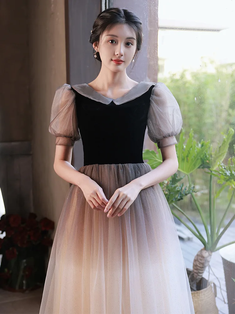 Black Gradient Birthday Dress Mulheres Sweetheart Neck Bubble Short Sleeve Tulle Prom Gown Elegante Modern A linha Evening Dresses