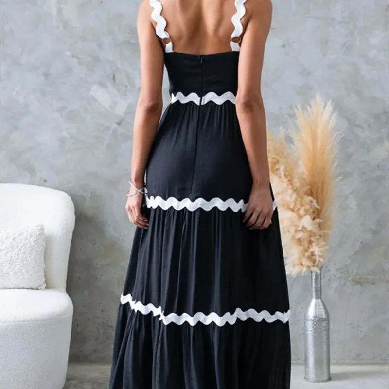 2025 ฤดูร้อนสีตัดกันชุดกระโปรงเลดี้เซ็กซี่ปิดไหล่ชุดชายหาดสบายๆแขนกุดเอวสูงชุดยาว