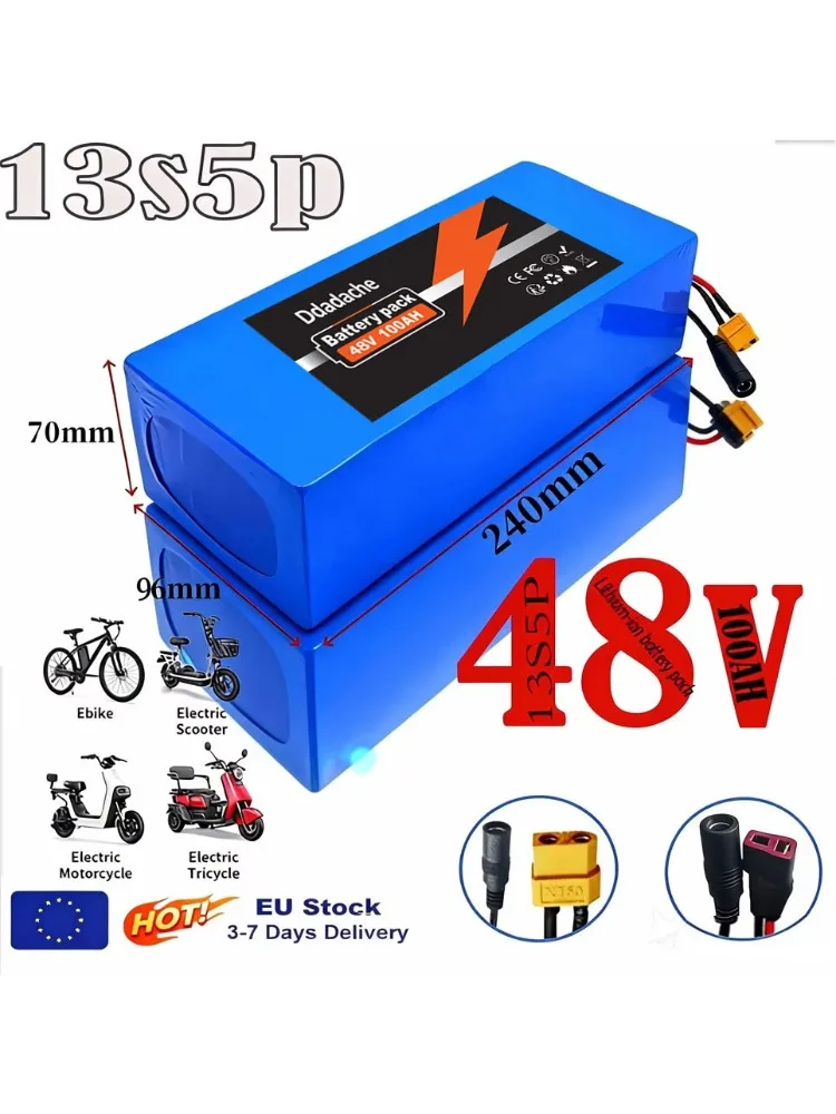 18650 batterijpakket geschikt voor 500-1000W motor 13S5P 48V 100000mAh oplaadbare lithiumbatterij, ingebouwde intelligente BMS - afbeelding 2