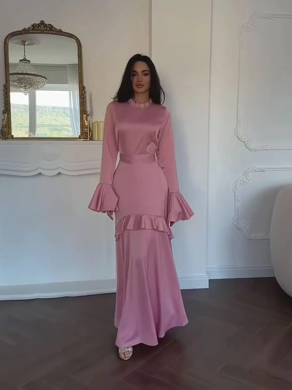 Ele Flared Sve Design Dr High Waist Long Sve Zipper Ba Invisible Slim Fit A-Line Fi Tail Gown for Women