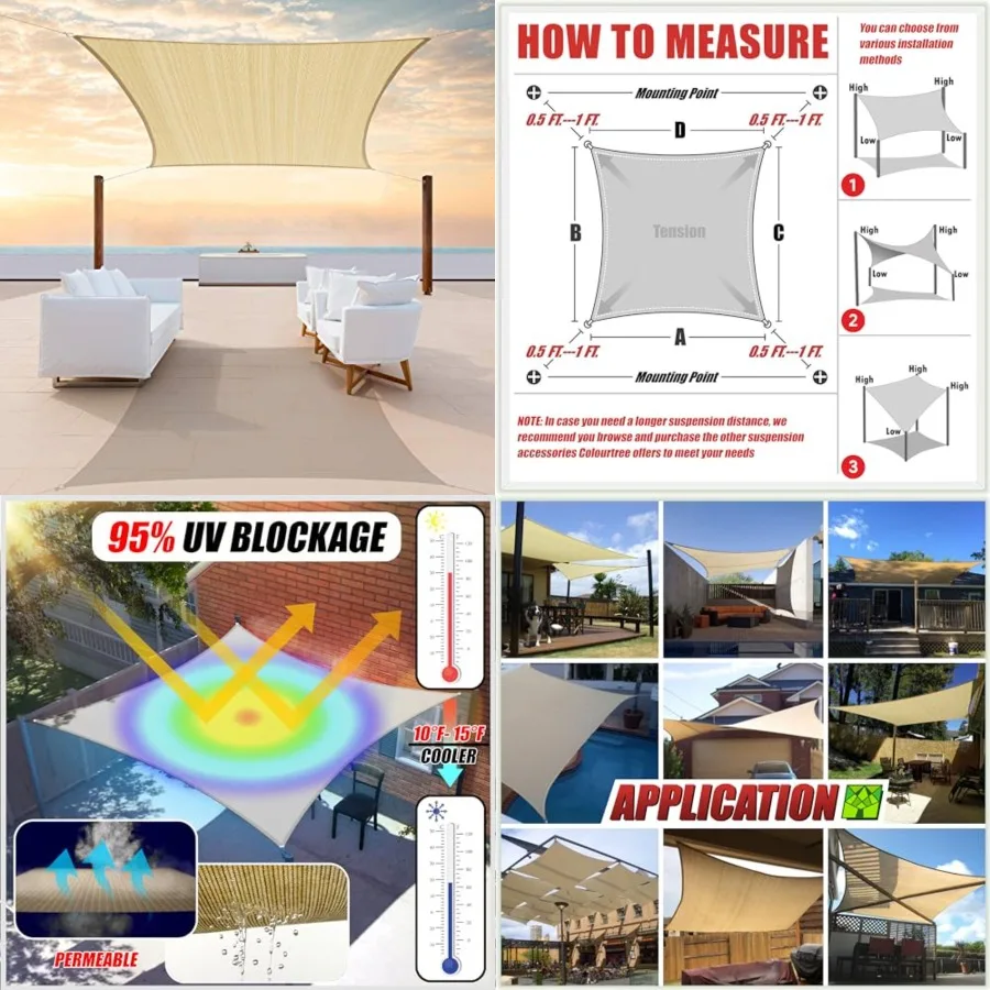 

14' x 20' Sun Shade Sail Rectangle CTSLR1420 - Canopy Mesh Fabric UV Block UPF50 - Commercial Heavy Duty - 190 GSM - 3 Years Wa