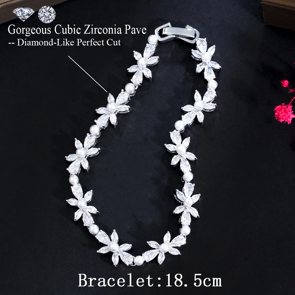 CWWZircons Shiny White Cubic Zirconia Pave Flower Leaf Shape Pearl Bracelets for Women Wedding Bridal Jewelry Accessories CB301