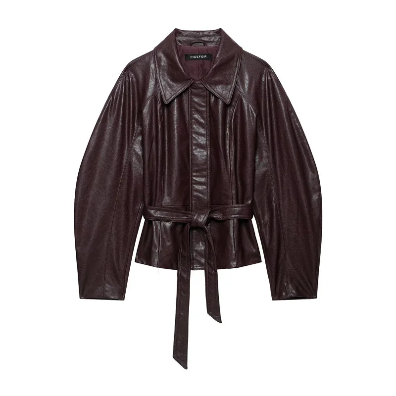 Women's PU Leather Effect Jacket with Belt Zipper Short Style Fake Leather Coat Long Sleeve Winter Fashion Ladies' Coat