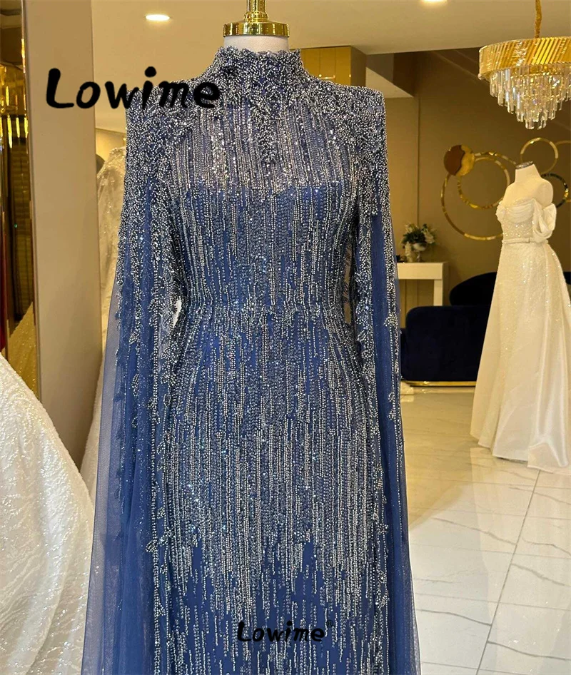 Vintage Dubai Arabic Beaded Prom Dress Navy Blue Evening Dresses Elegant Cape Sleeves Long Party Gowns Robe De Soiree Customized