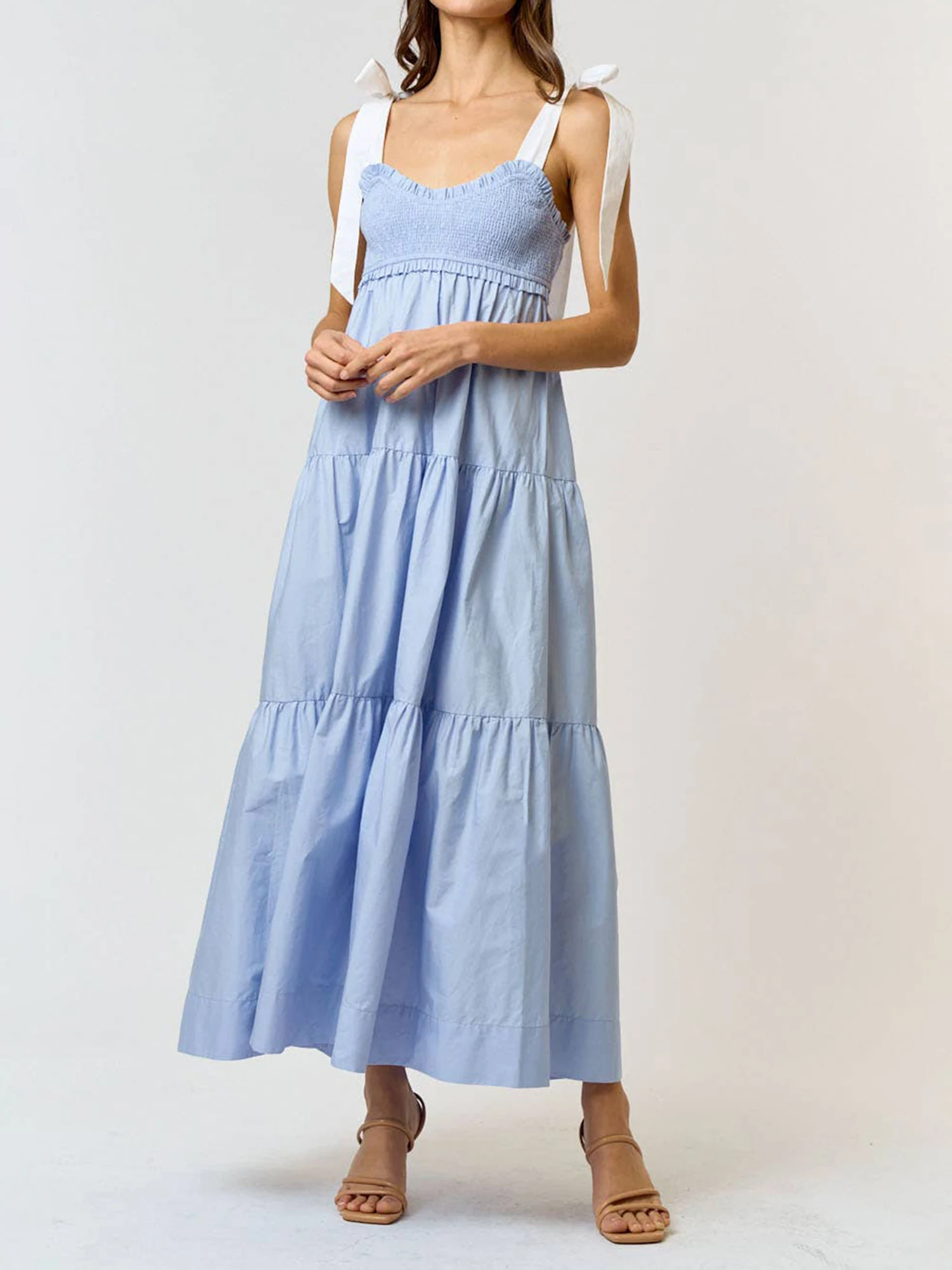 Vestido largo elegante con cuello en V y dobladillo con volantes, sin mangas, vestido de playa con estampado floral bohemio para vacaciones y fiestas