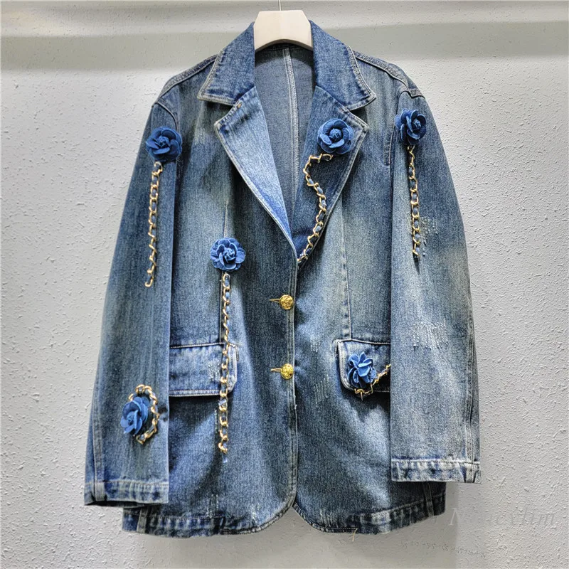 American Style Street Retro Personalized Three-dimensional Flower Chain Suit Washed Two Button Denim Jacket Coat for Women