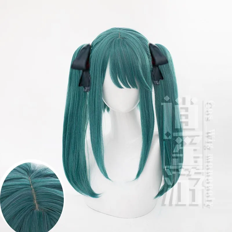 Anime Miku Cosplay Wig, Cabelo Sintético Resistente ao Calor, Rabo de Cavalo Duplo, Ciano Escuro, Resistente ao Calor, Cabelo Hatsune, Festa de Halloween, Boné, 45cm