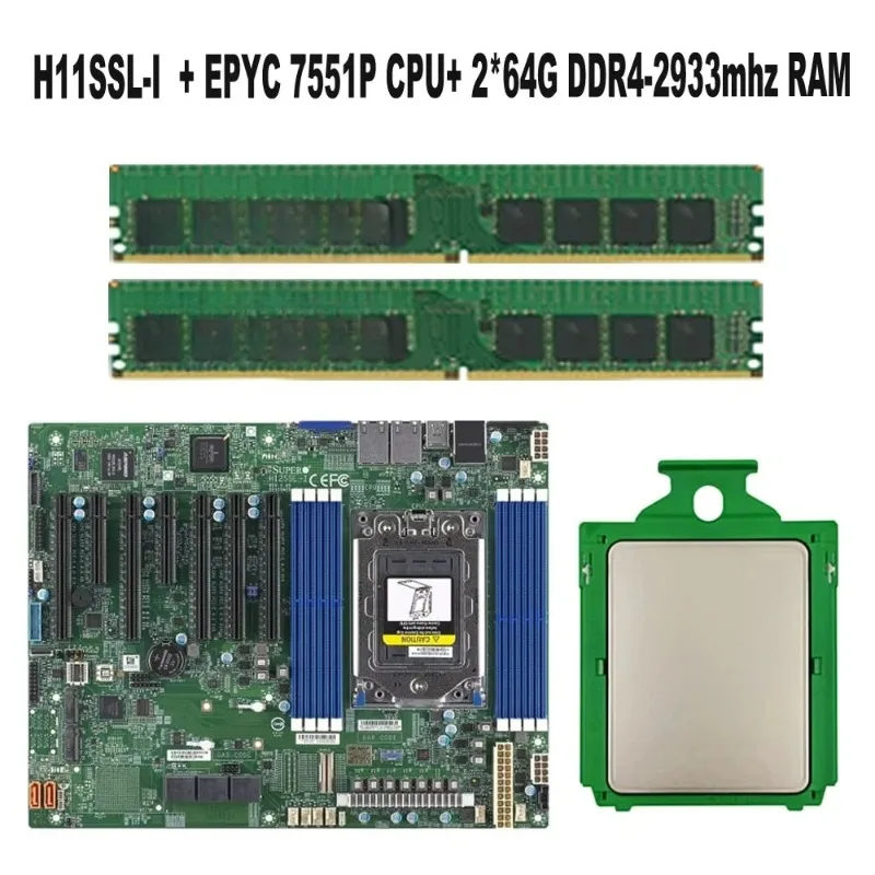

H11SSL-i FOR Supermicro 1P Motherboard / EPYC 7551P 32C/64T 180w TDP CPU Processor / 2* 64GB=128GB RAM DDR4 2933mhz RECC Memo