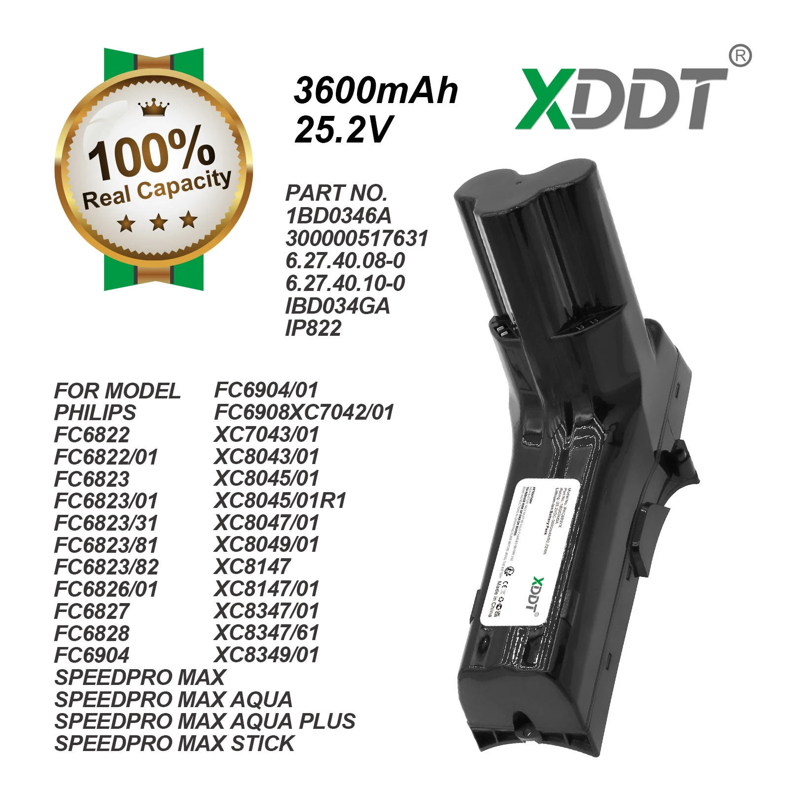 3600mAh Vacuum Battery IP822, IBD034GA, 6.27.40.08-0,300000517631, 6.27.40.10-0, 1BD0346A for Philips SpeedPro Max Aqua Stick