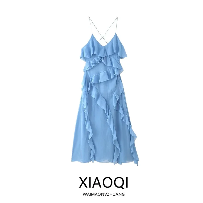 Vestido F Novo Lançamento Verão 2025, Camadas Decorativas, Sem Alças, Estilo E para o Dia a Dia, Sem Mangas, Ma...