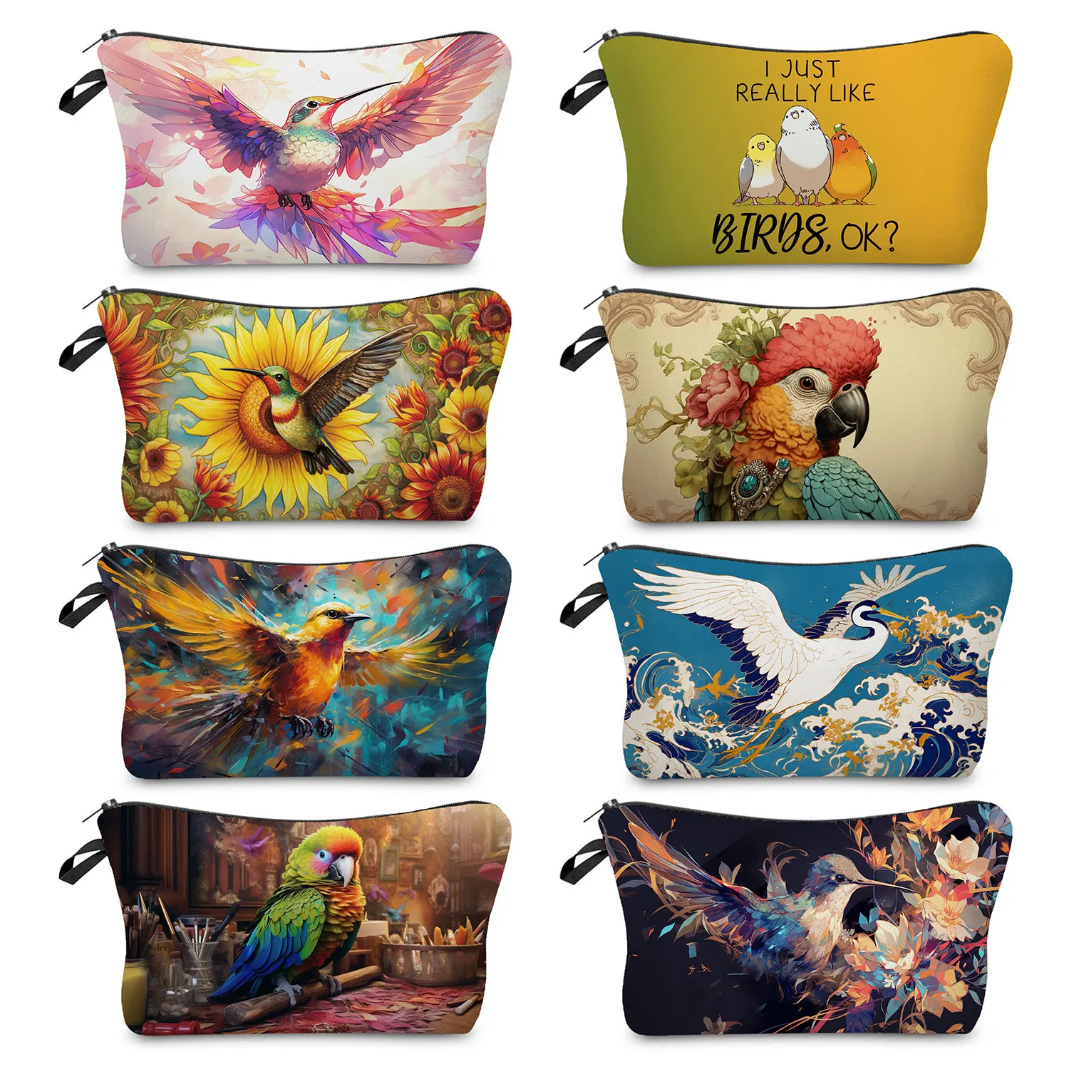 Hummingbird Parrot Print Makeup Bags Kawaii Bird Graphic Travel Toiletry Bags Portable Storage Bags Casual Zipper Cosmetic Bags