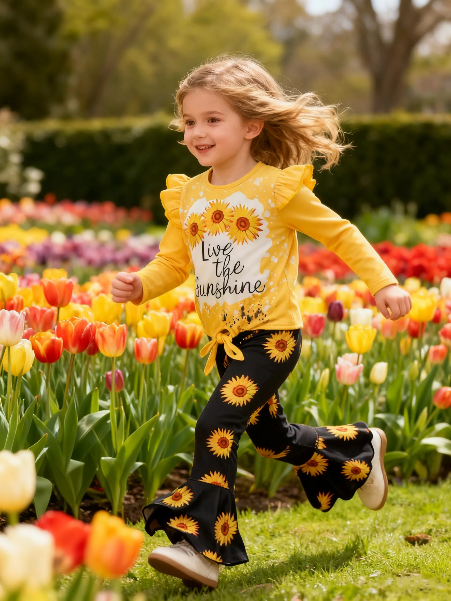 ملابس أطفال بناتي طقم بلوزة مطبوعة عباد الشمس + طقم مكون من قطعتين بأكمام طويلة متوهج للفتيات بعمر 4-7 سنوات في مجموعة ربيع الخريف