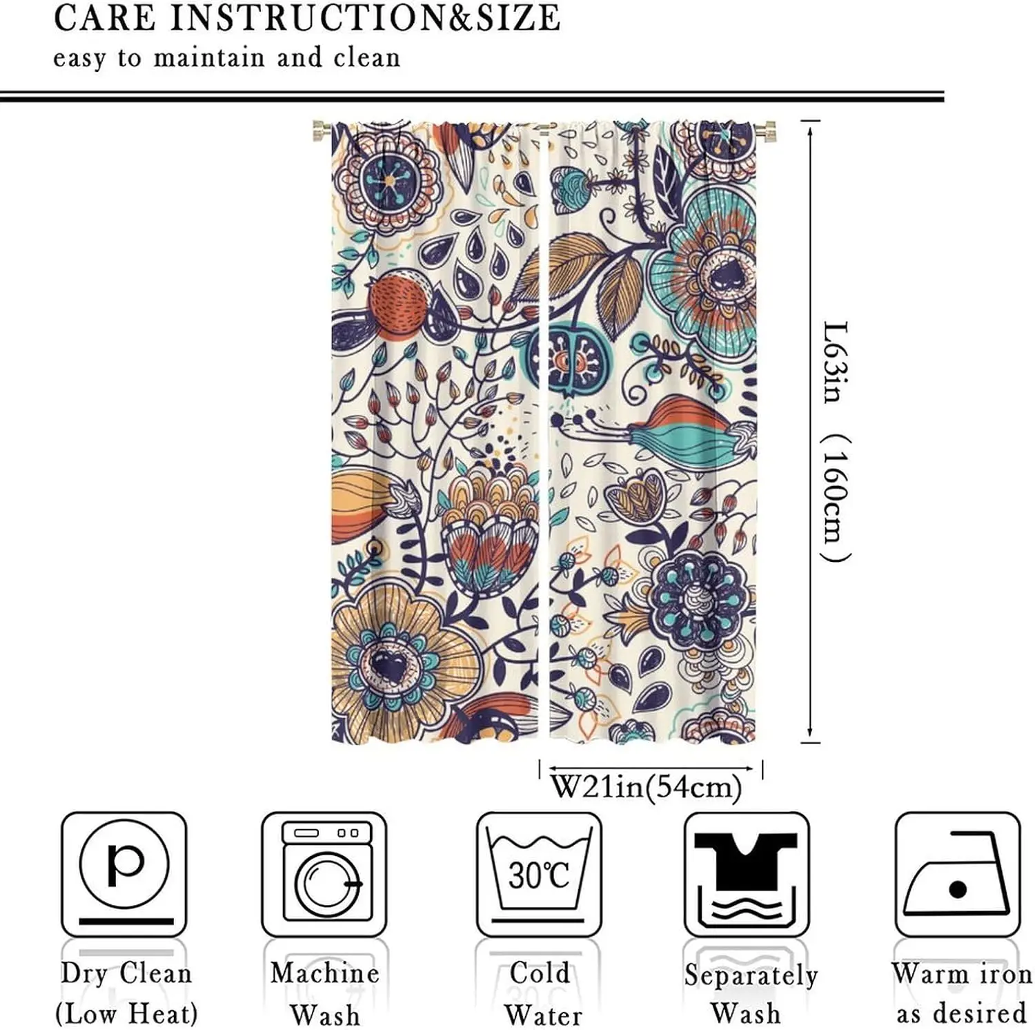 Boho Floral Curtains,Bohemian Art Abstract Flower Print Decor,Rustic Botanical Print Home Bedroom Living Room Kitchen