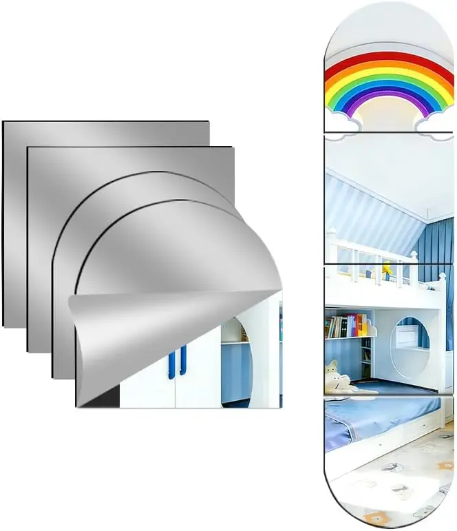 

4 Piece Acrylic Wall Mirror Set 8x8 Inch Self Adhesive Frameless Square and Curved Lenses for Bedroom Home Gym