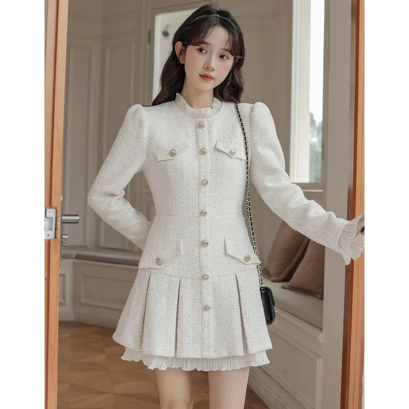 

Dress Women Spring 2024 New Office Lady French Korea Style Long Sleeve Ruffled Zipper High Waist Dresses