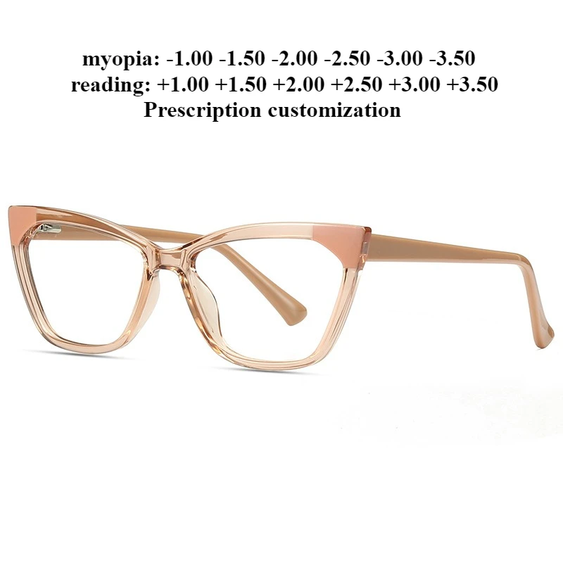 

55-16 Новые модные очки для чтения «кошачий глаз» с защитой от синего света, женские плоские очки TR90, очки по рецепту, близорукость по индивидуальному заказу