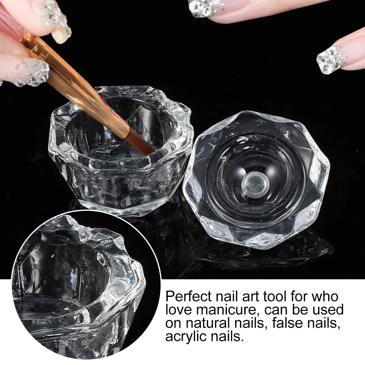 2 pezzi di cristallo per nail art, contenitore per miscelazione di polvere liquida ottagonale acrilica con coperchio per strumenti per manicure, salone professionale per uso domestico