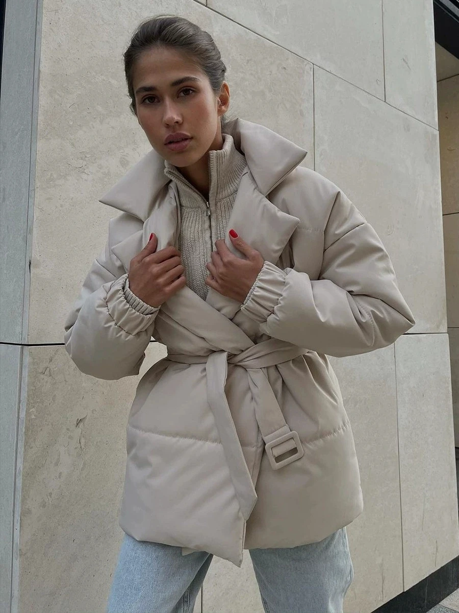 Women Winter Lapel Cotton Coat 2025 New Warm Thicken Slim Cotton Coat Solid Color Belt Cotton Padded Jacket Women Long Parkas