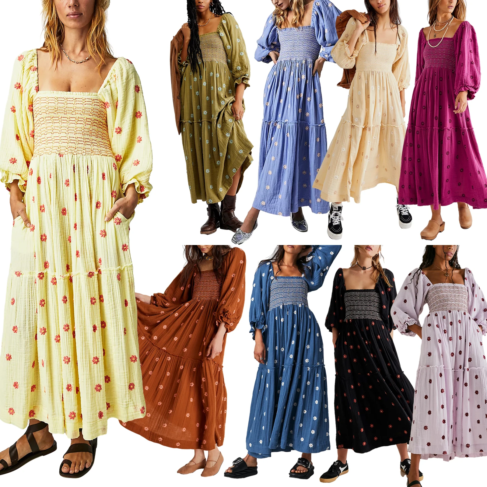 Women's Flower Embroidered Long Dress Bodycon Lantern Sleeve Square Neck Tiered Flowy Dress Bohemian Summer Beachwear Dresses