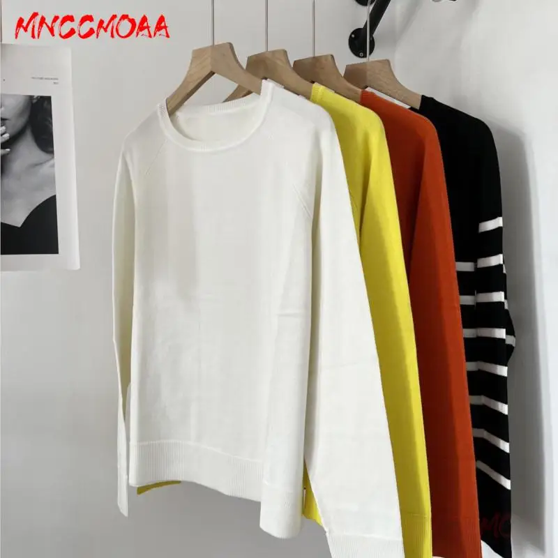 

MNCCMOAA 2024 Women Fashion Round Neck Long Sleeve Stripe Knit Sweater Female Casual Loose Tops Pullover