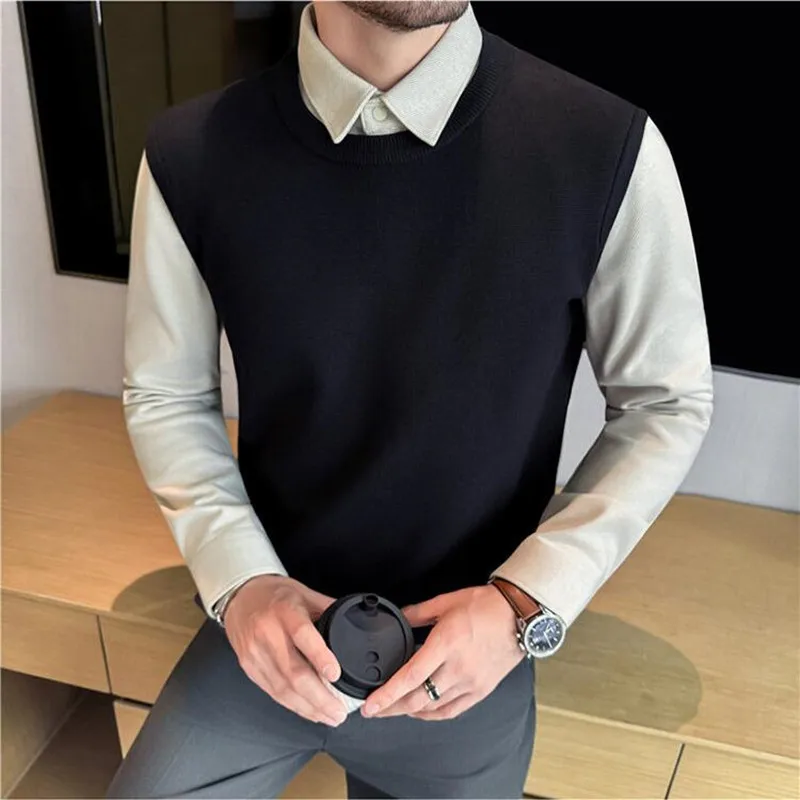 

Autumn Winter Thickened Woolen Shirt Collar Spliced Knitted Sweater 2025 New Fashion Fake 2 Pieces Slim Fit Elastic Men Sweaters