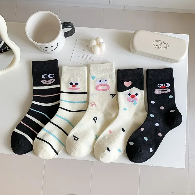 Women's Autumn Winter Socks Cartoon Expression Combed Cotton Boneless Mid Tube Socks Thick Fashion Solid Color Simple Wholesale