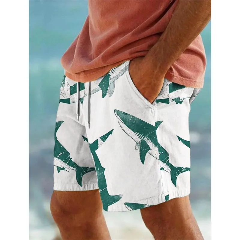 Tronco de natação de tubarão estampado em 3D masculino, padrão animal oceânico, calção casual, solto, rua, respirável, calção de praia, moda verão