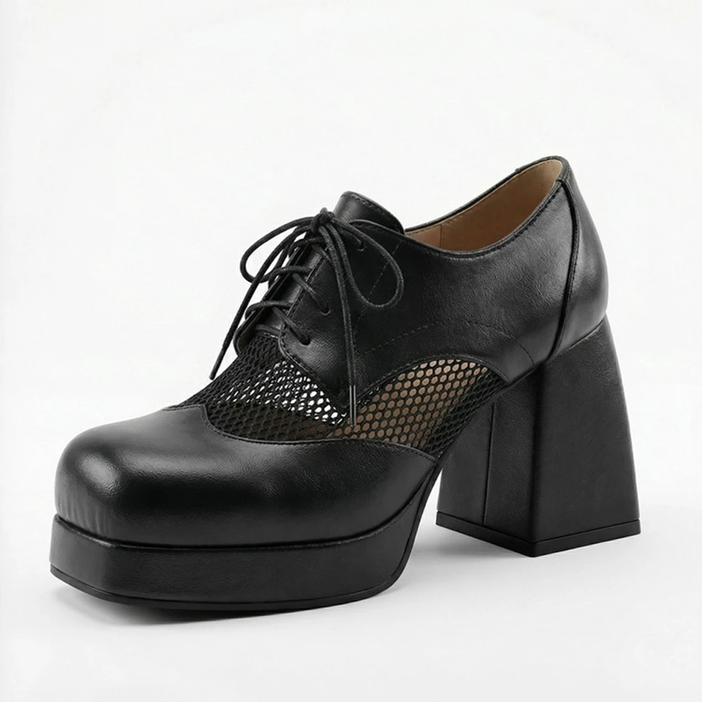 

Women Mesh Platform Heels Lace Up Chunky Block Heel Pumps Plus Size 34-48 Multicolor Gothic Lolita Shoes 7779
