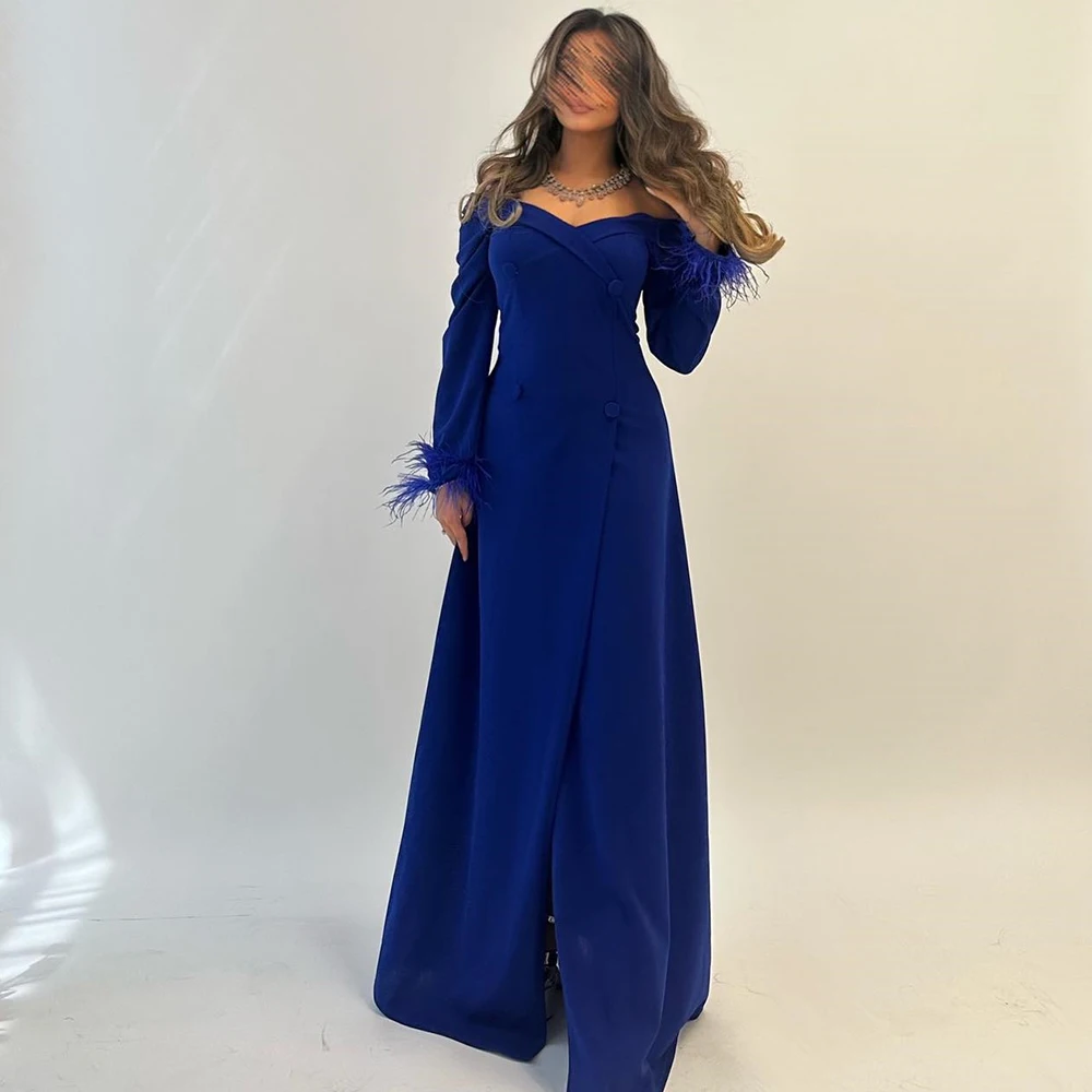 

Sweetheart Off the Shoulder Long Sleeves Feathers Jersey Straight Floor Length Slit Buttons Solid Color Elegant Evening Dresses