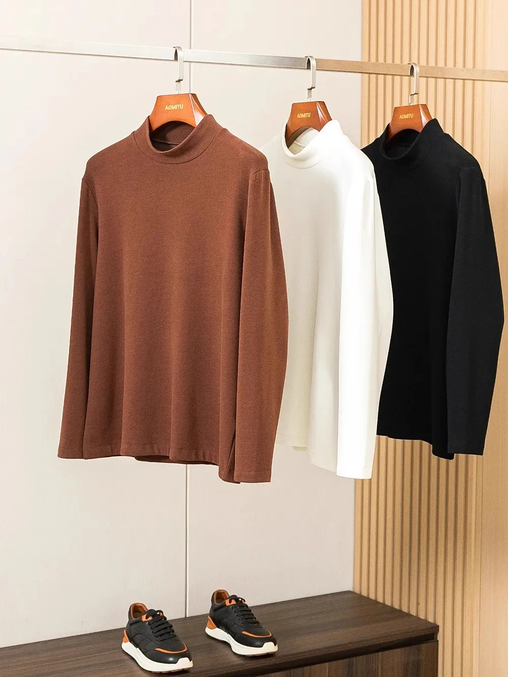 

High-End Busin Men's Fce-Lined Camere Silk f High Collar Warm Base T-irt Stand Fit Long Sve Travel Suitable