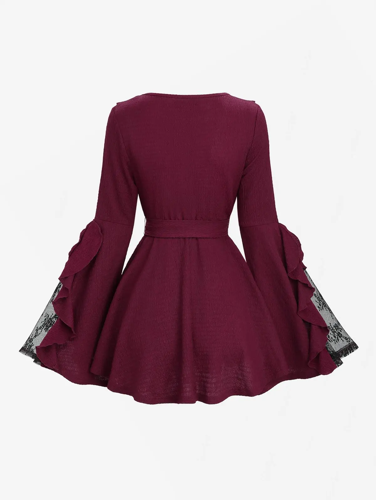 تي شيرت نسائي لخريف 2025 مزين بالدانتيل وأكمام مضيئة وكشكشة مع حزام قابل للإزالة بلوزات حمراء