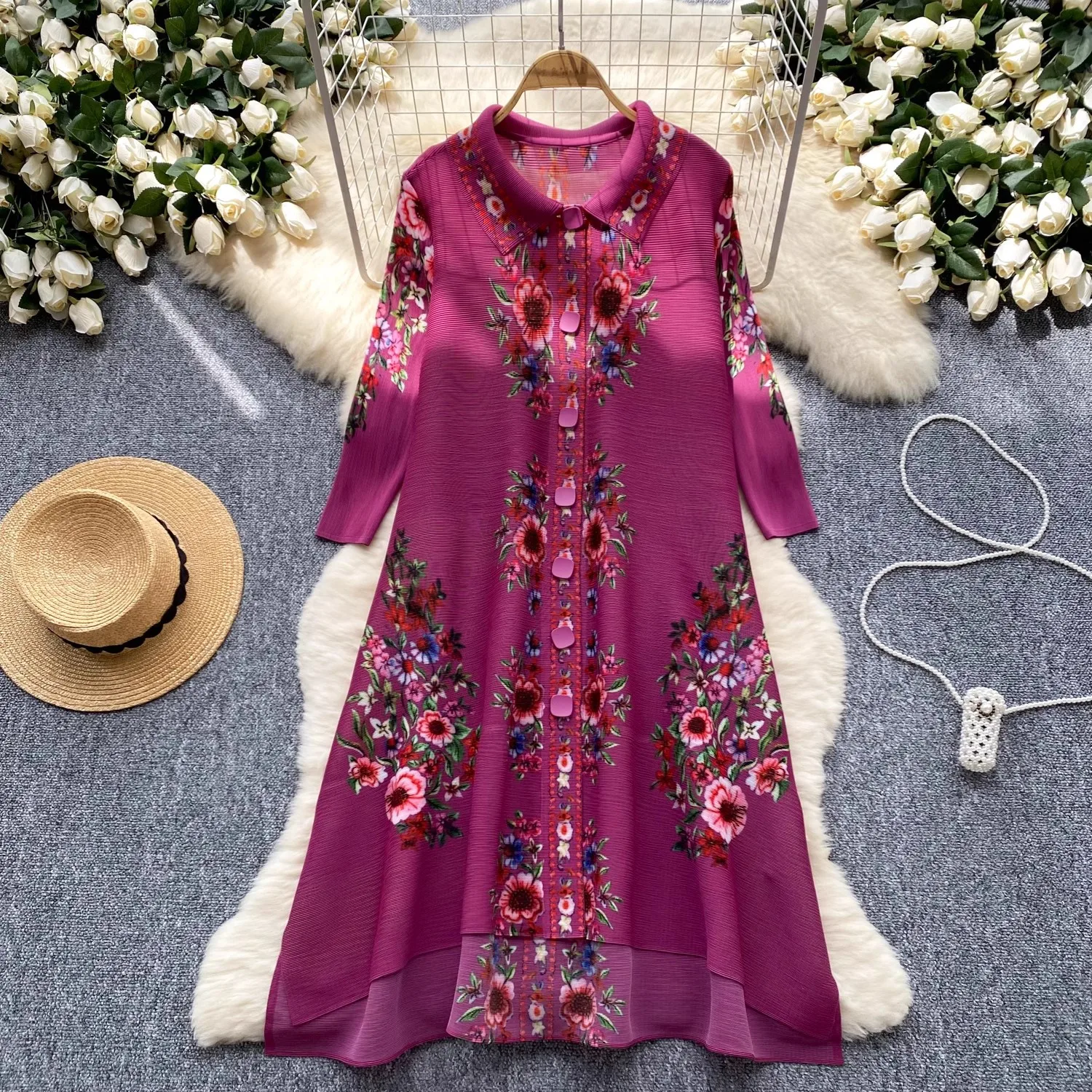 Spring New Miyaki Pleated Dress Shirt Lapel Single Breasted Flower Elegant Women\'s Dress Loose Irregular Midi Length Cardigans