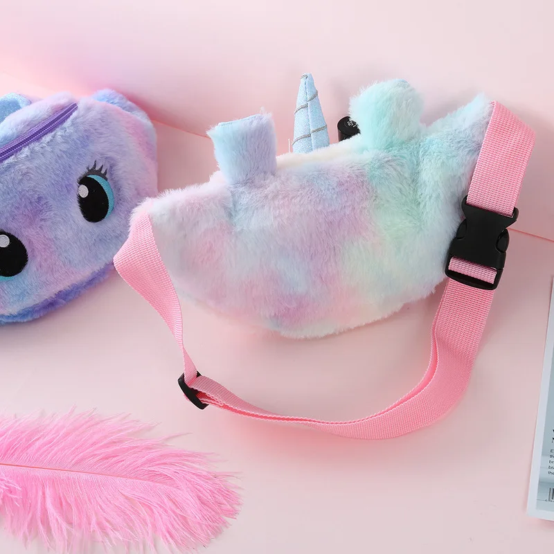 Riñonera de felpa con diseño de unicornio para niños y mujeres, bolsa de viaje para el pecho con diseño de dibujos animados, a la moda